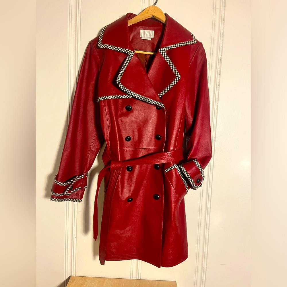 Vintage Spiegel genuine leather houndstooth trim, Womens 10, 3/4 trench jacket